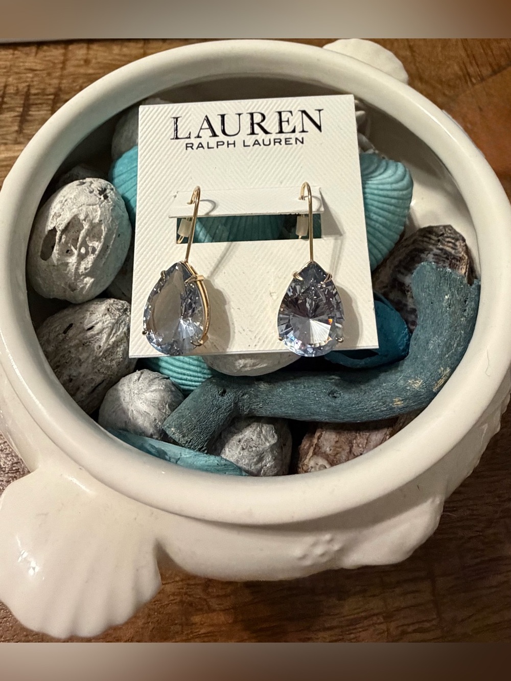 NWT Lauren Ralph Lauren Teardrop Aqua Crystal Drop Gold Tone Earrings (14G00969)